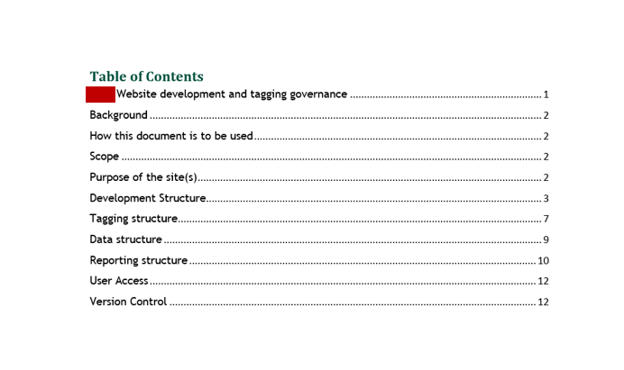 table of contents